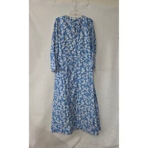 Sears At HomeWear Robe Womens Medium Blue White Botanical Zip Front Vintage 70s